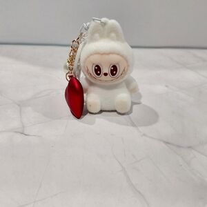 Cute White Plush Keychain with Red Heart Charm